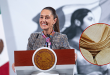 Presidenta Claudia Sheinbaum con inserción de imagen editada de tortillas