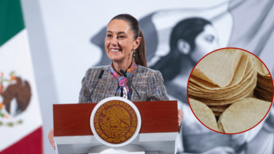 Presidenta Claudia Sheinbaum con inserción de imagen editada de tortillas