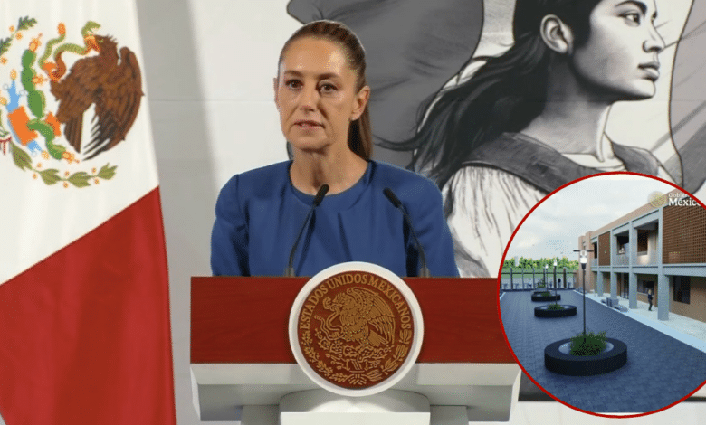 Imagen editada de Claudia Sheinbaum con inserción circular de imagen de escuela