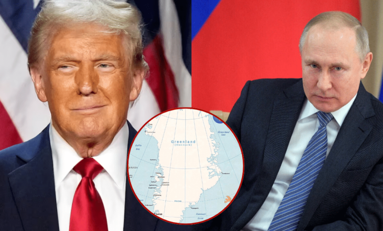 Imagen editada de Donald Trump y Putin con una inserción de imagen en medio de ambos de Groenlandia