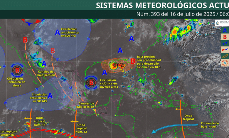 Para hoy, el monzón mexicano en el noroeste del país y una circulación ciclónica en altura frente a costas de la península de Baja California, mantendrán la probabilidad de lluvias puntuales muy fuertes en Chihuahua