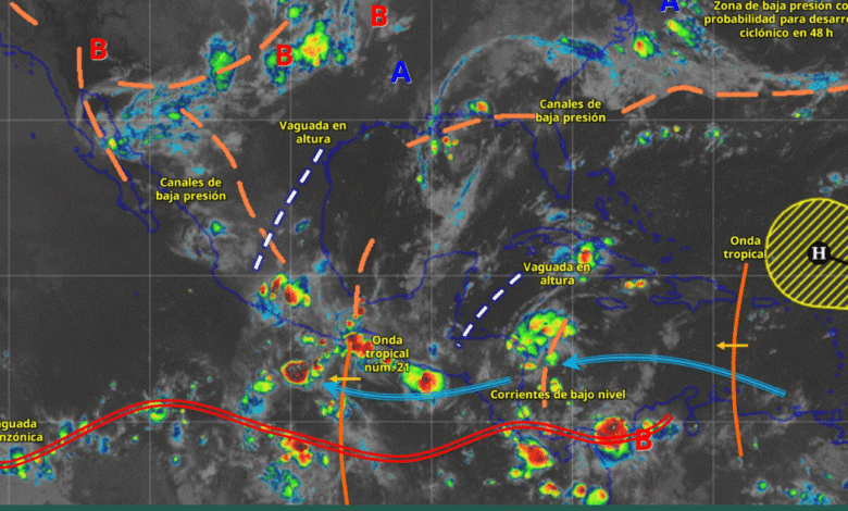 Este día, el monzón mexicano, en combinación con inestabilidad atmosférica, originarán lluvias puntuales intensas en el sur de Sinaloa y Nayarit; lluvias fuertes a muy fuertes en el noroeste del país.
