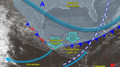 Para hoy, el frente frío núm. 25 dejará de afectar a México, sin embargo, la masa de aire ártico asociada al frente cubrirá el noreste, oriente y sureste de México