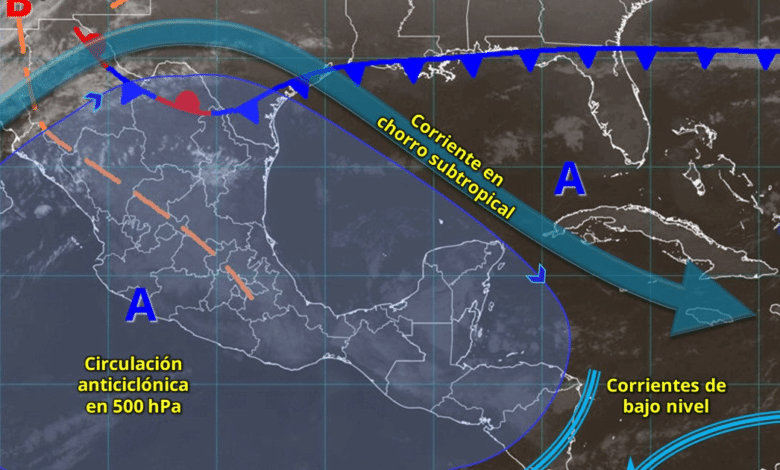 Este día, el frente núm. 34 y una vaguada polar se desplazarán lentamente sobre el noroeste del territorio nacional, en interacción con las corrientes en chorro polar y subtropical, originarán descenso de temperatura, rachas de viento, lluvias y chubascos en dicha región.