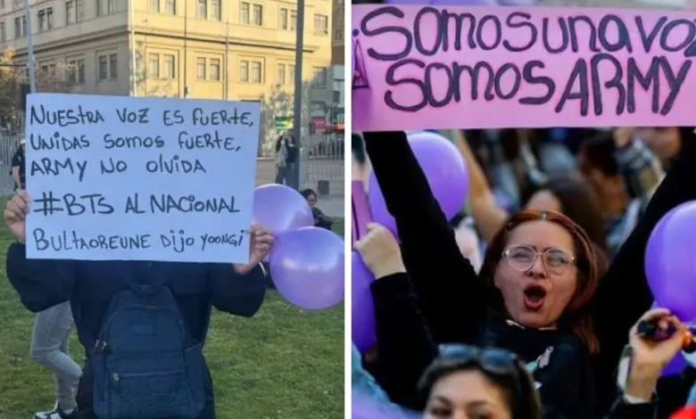 army pinta de morado las calles de chile para exigir que no cancelen los conciertos de bts